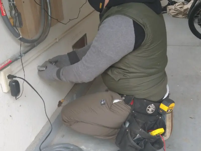 Electrician performing outlet wiring in a Flagler Beach garage